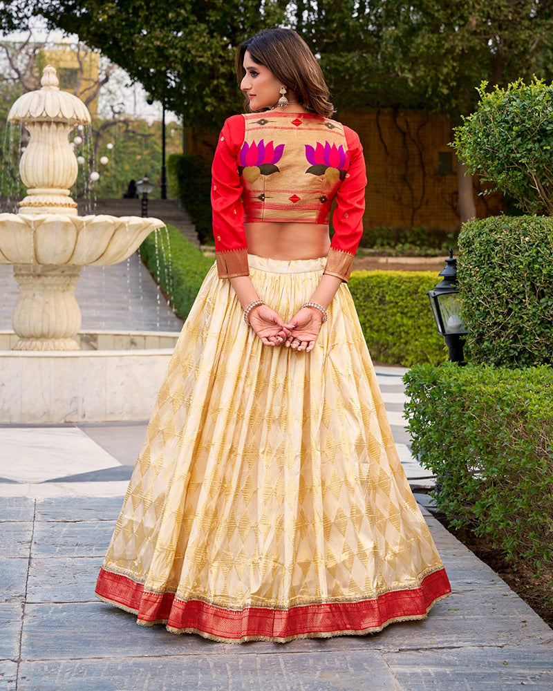 Cream Color Jacquard Paithani Silk Lehenga Choli