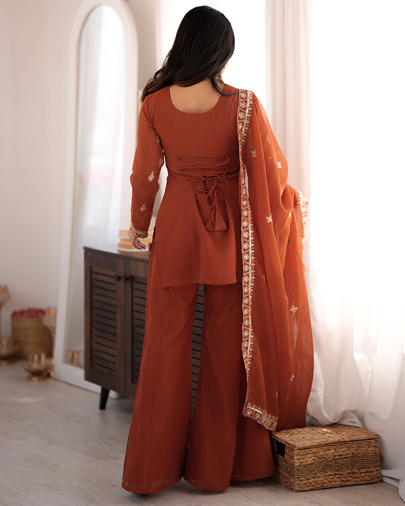 Rust Orange Color Crunchy Silk Embroidered Plazzo Suit