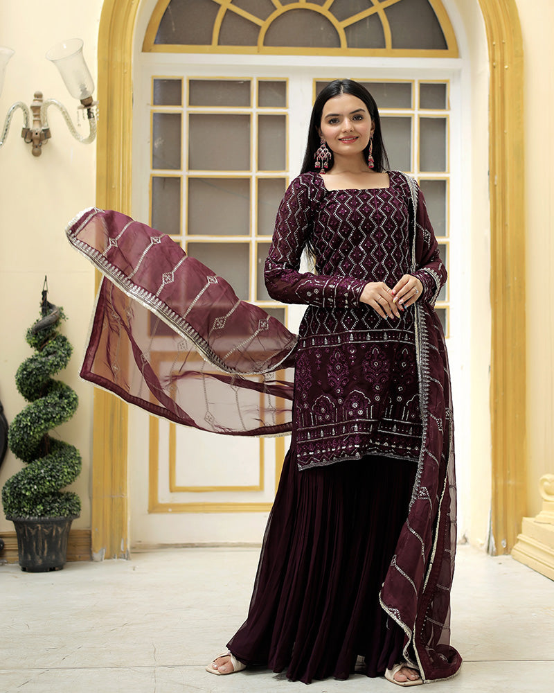 Wine Color Three Piece Sharara Suit