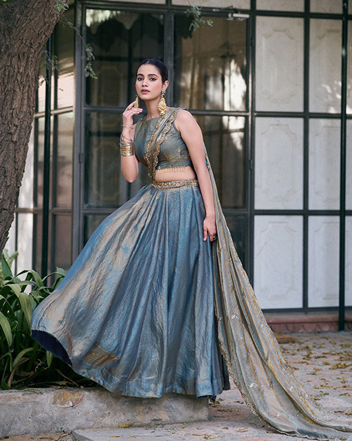 Smoky Blue Color Fendi Pastel Lehenga Choli