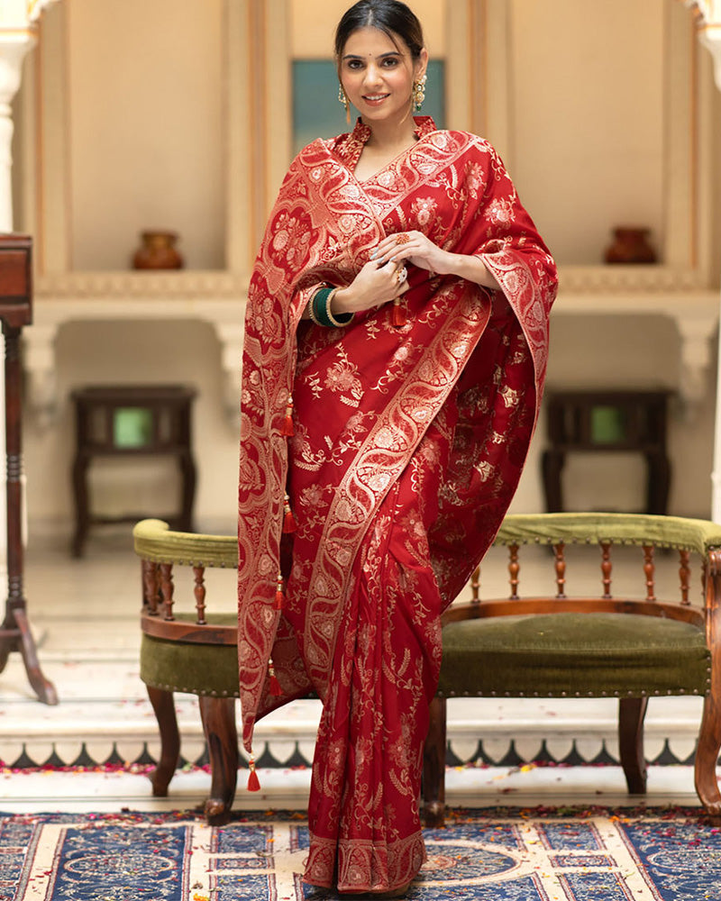 Red Color Banarasi Jacquard Zari Weaving Saree