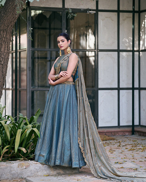 Smoky Blue Color Fendi Pastel Lehenga Choli