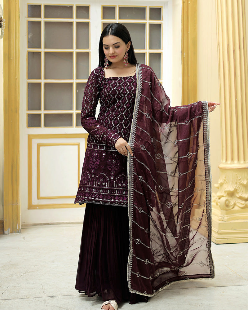 Wine Color Three Piece Sharara Suit