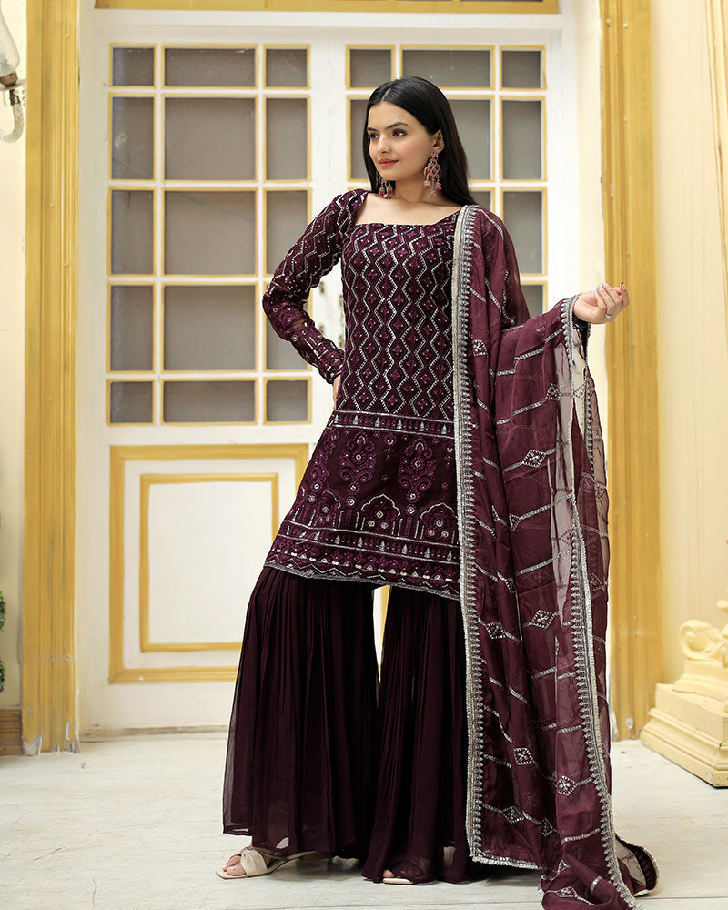 Wine Color Three Piece Sharara Suit