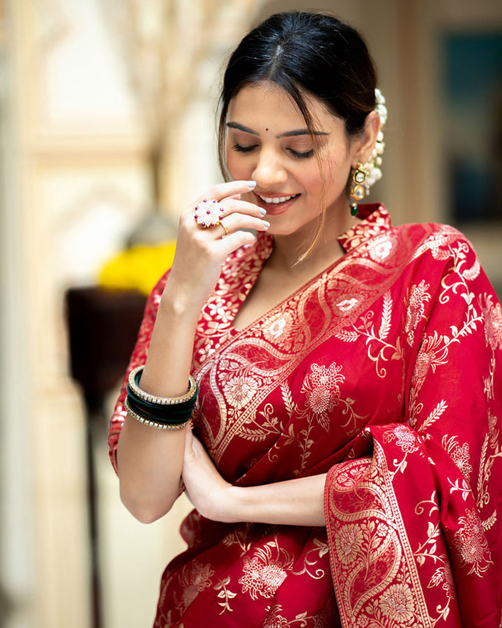 Red Color Banarasi Jacquard Zari Weaving Saree