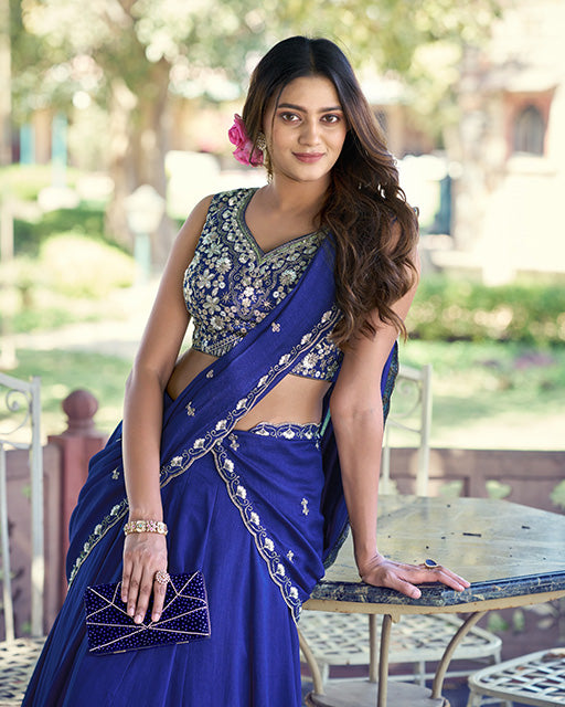 Royal Blue Color P.C. Kashmiri Embroidered Lehenga Choli
