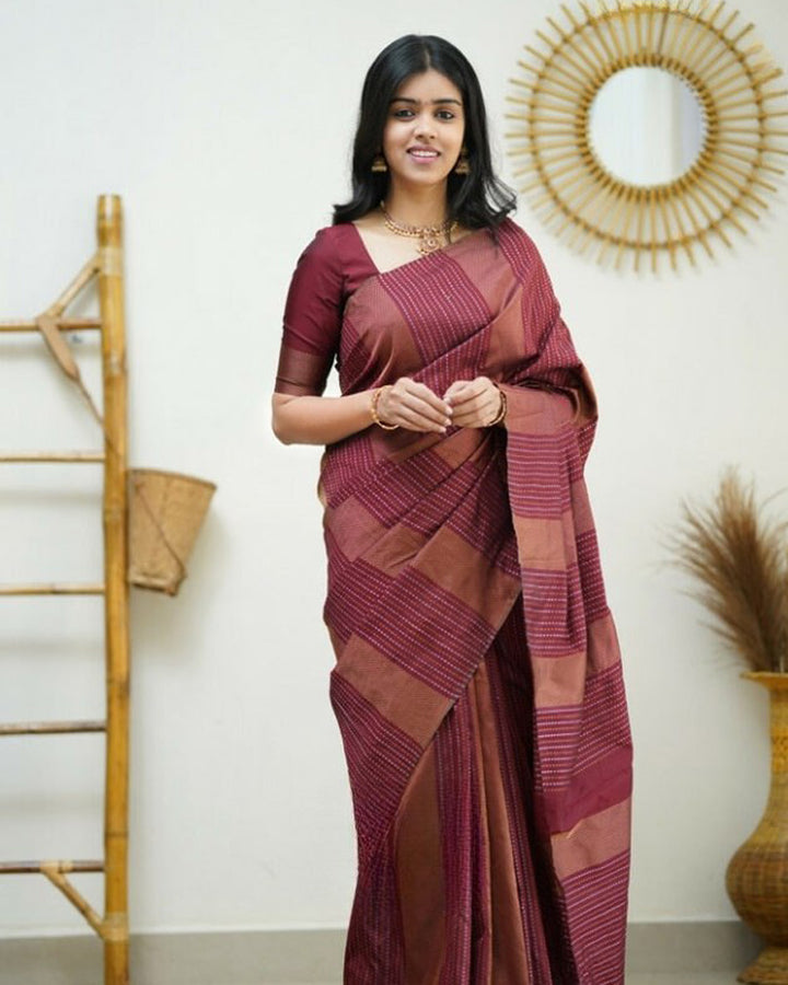 Maroon color Banarasi Soft Silk Saree