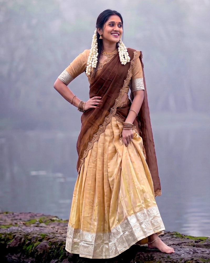 South Indian Style Cream Color Kanchipuram Half Saree