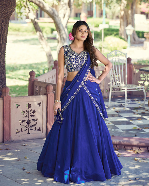 Royal Blue Color P.C. Kashmiri Embroidered Lehenga Choli