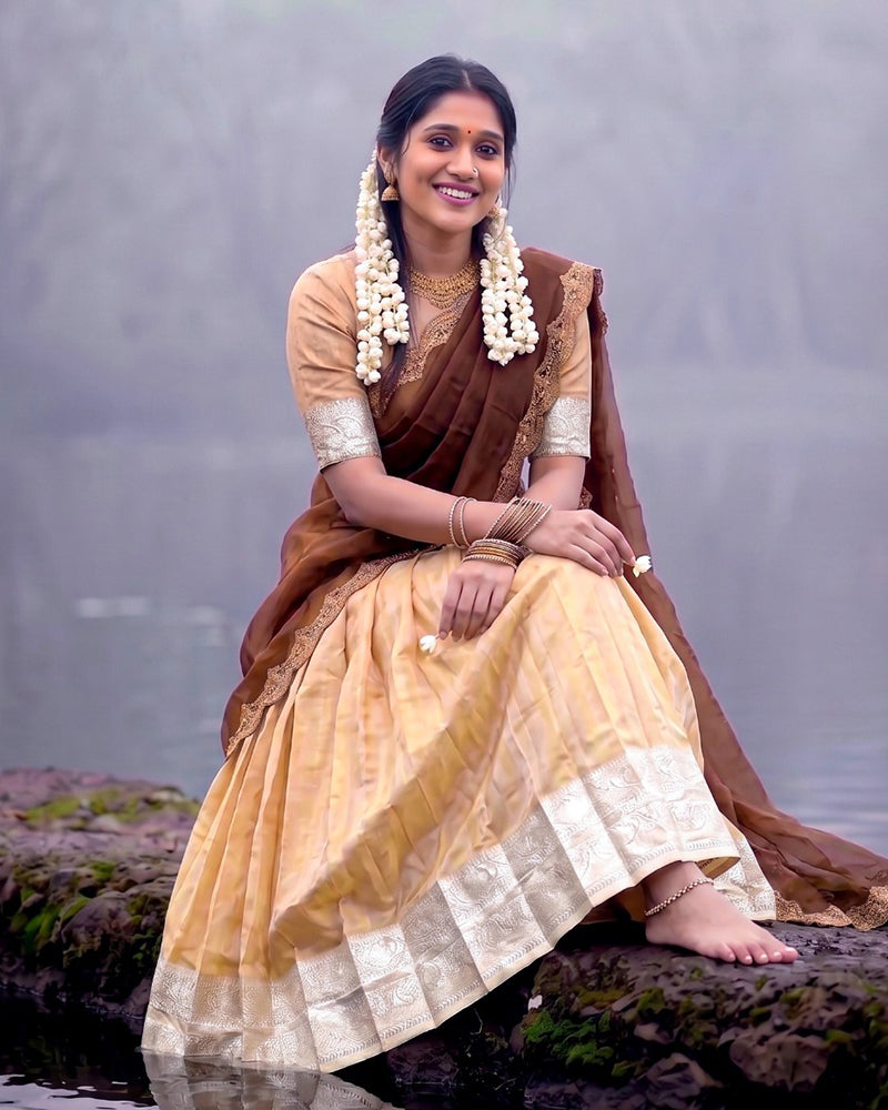South Indian Style Cream Color Kanchipuram Half Saree