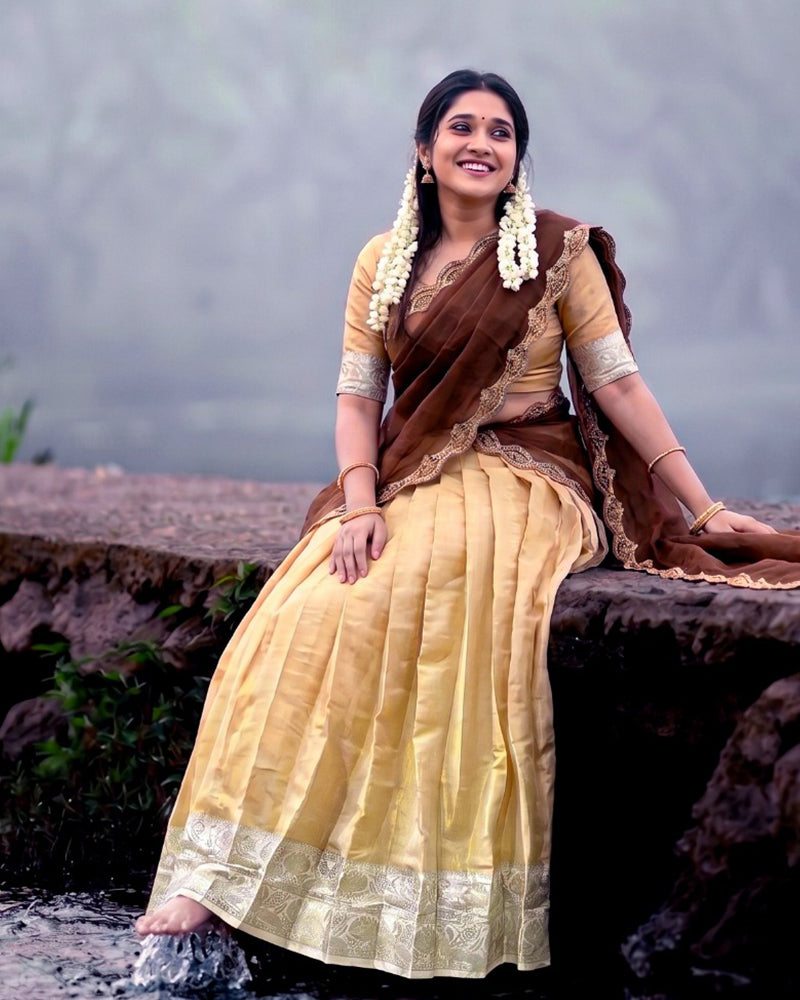 South Indian Style Cream Color Kanchipuram Half Saree