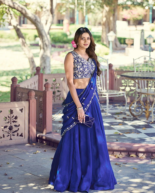 Royal Blue Color P.C. Kashmiri Embroidered Lehenga Choli
