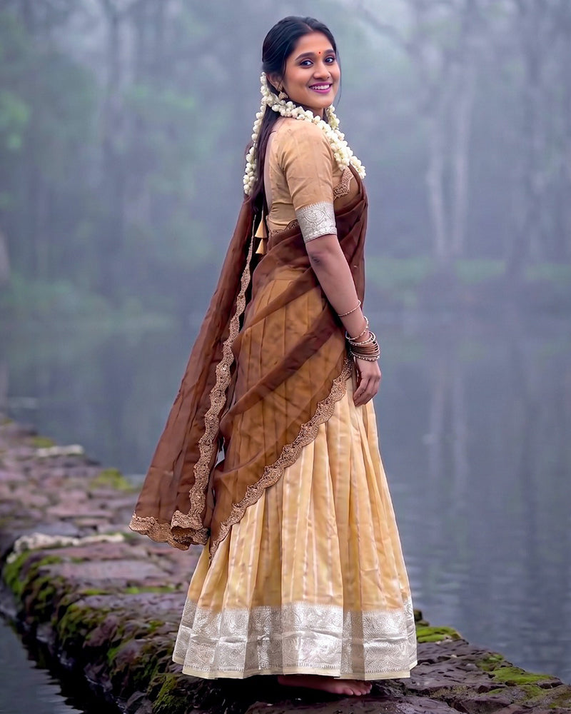 South Indian Style Cream Color Kanchipuram Half Saree