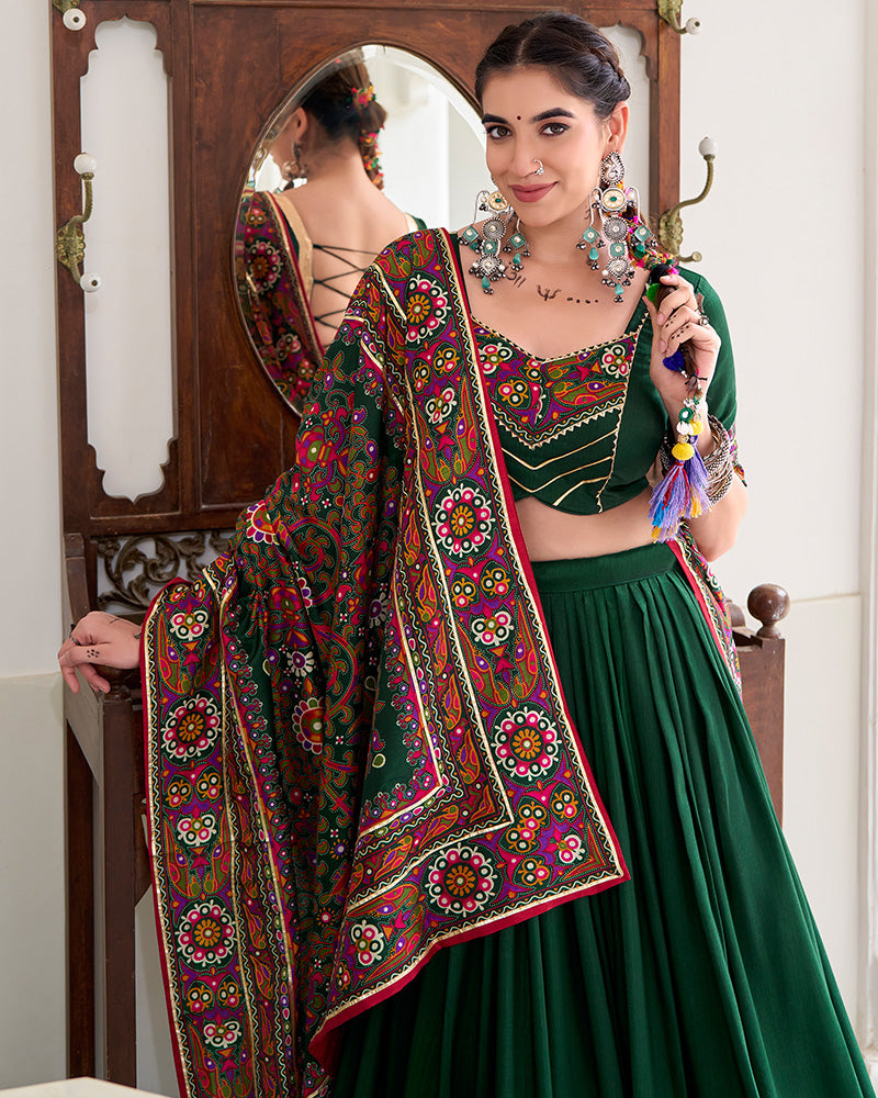 Green Color Tussar Silk Full Stitched Navratri Lehenga Choli