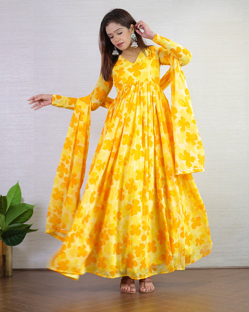 Yellow Color Georgette Three Piece Anarkali Suit