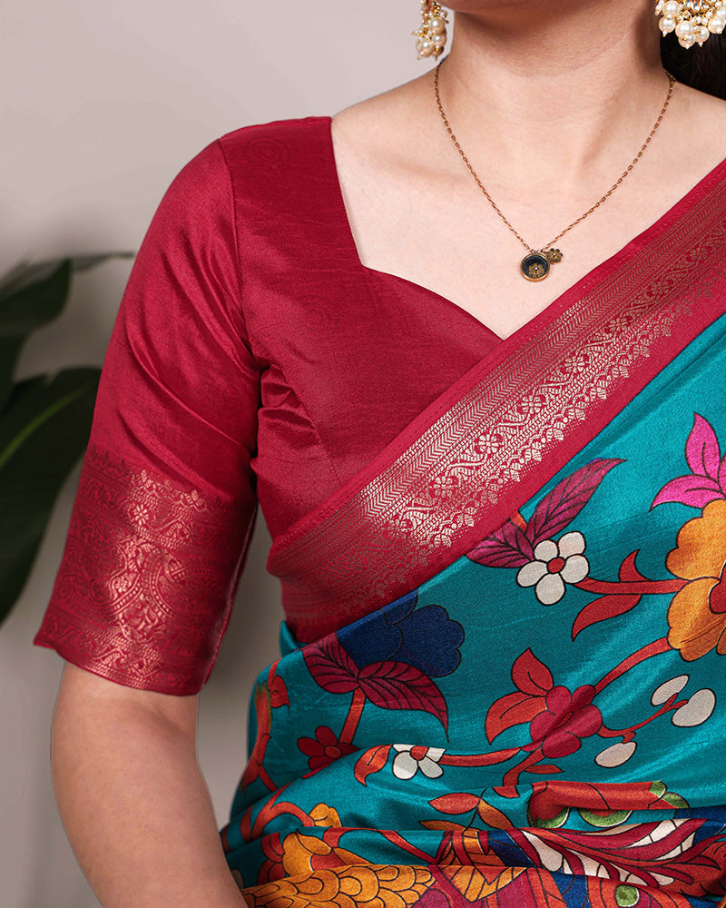 Firozi Color Tasar Silk Ethnic Printed Saree