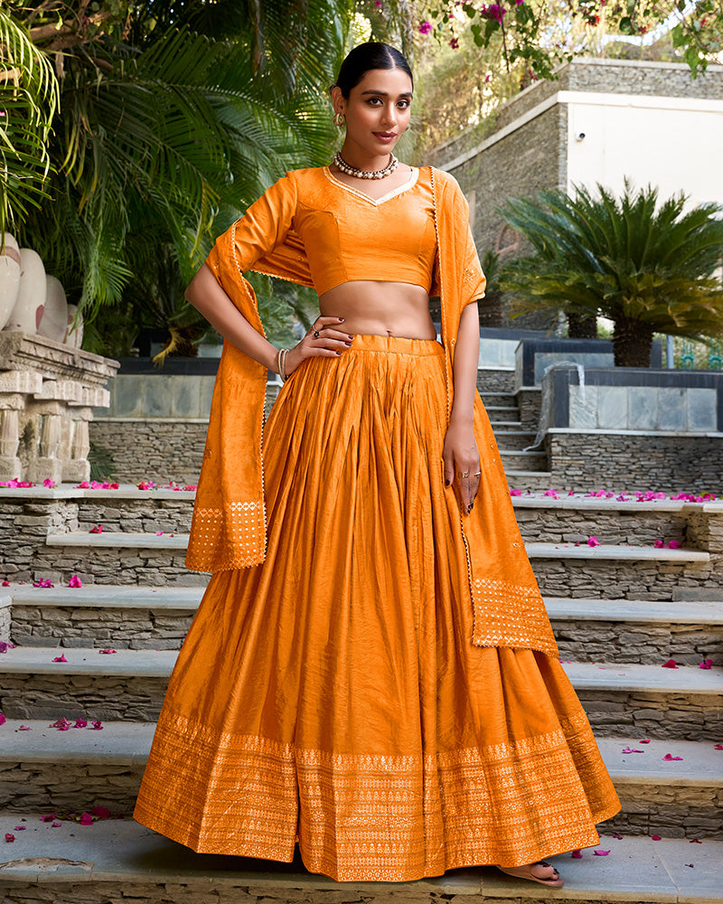 Yellow Color Pure Chanderi Plain Navratri Lehenga Choli