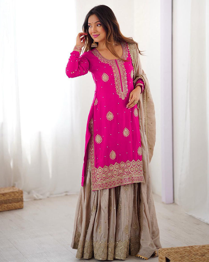 Pink Color Chinon Silk Embroidered Sharara Suit