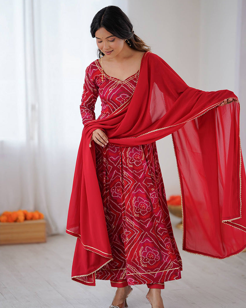 Dark Rani Pink Color Viscose Rayon Bandhej Print Anarkali Suit
