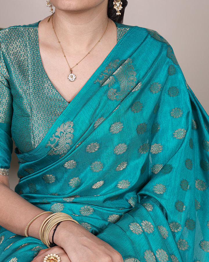 Firozi Color Roop Silk Zari Weaving Saree