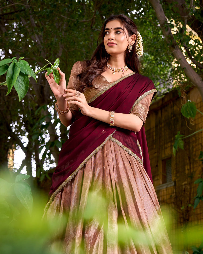 Peach Color Dupion Silk Zari Weaving Half Saree