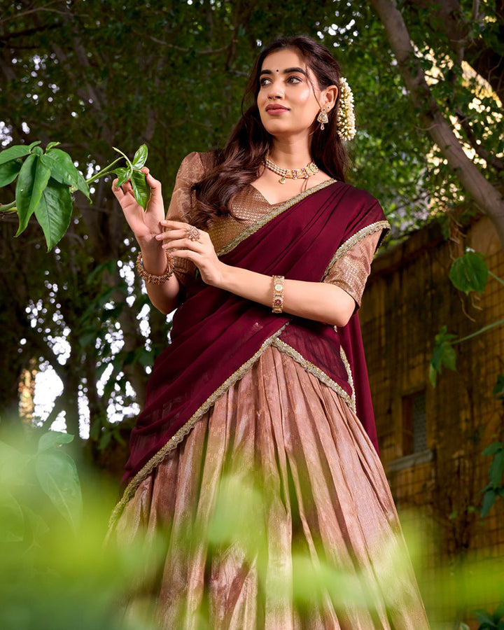 Peach Color Dupion Silk Zari Weaving Half Saree