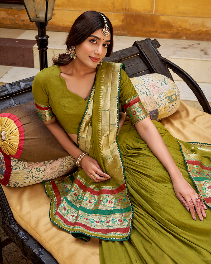 Mehndi Color Pure Nylon Chanderi Plain Half Saree