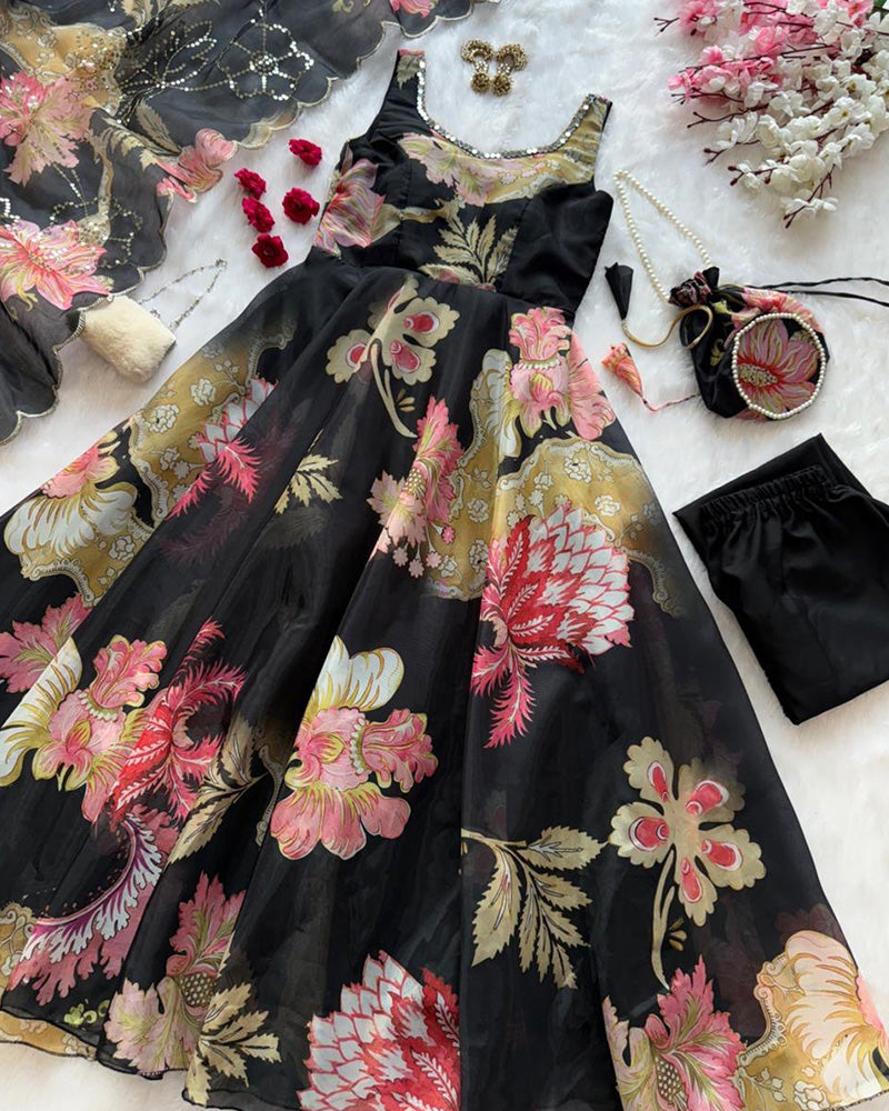 Black Color Digital Printed Soft Organza Anarkali Suit