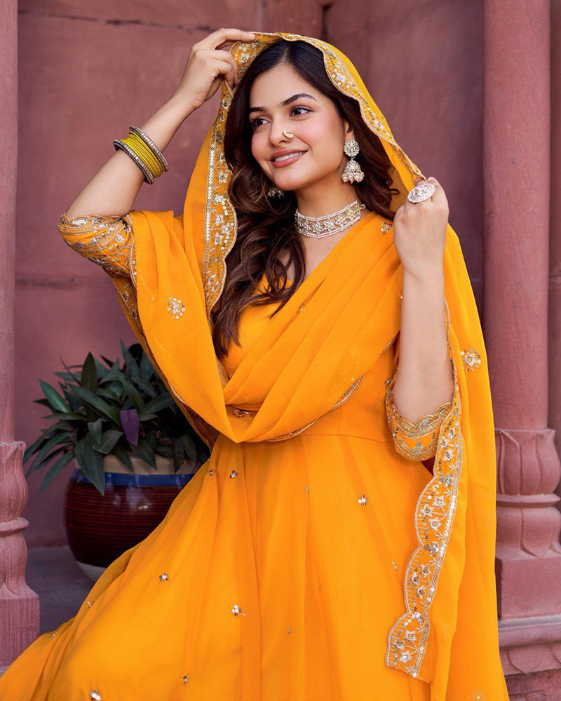 Ethnic Yellow Color Georgette Sequence Embroidered Gown