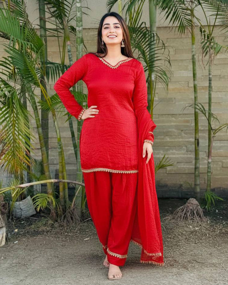 Red Color Fendi Satin Silk Kurti Suit