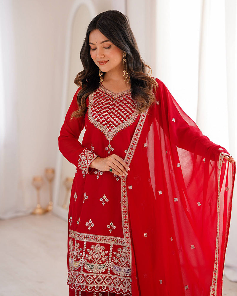 Royal Red Color Faux Georgette Embroidered Plazzo Suit