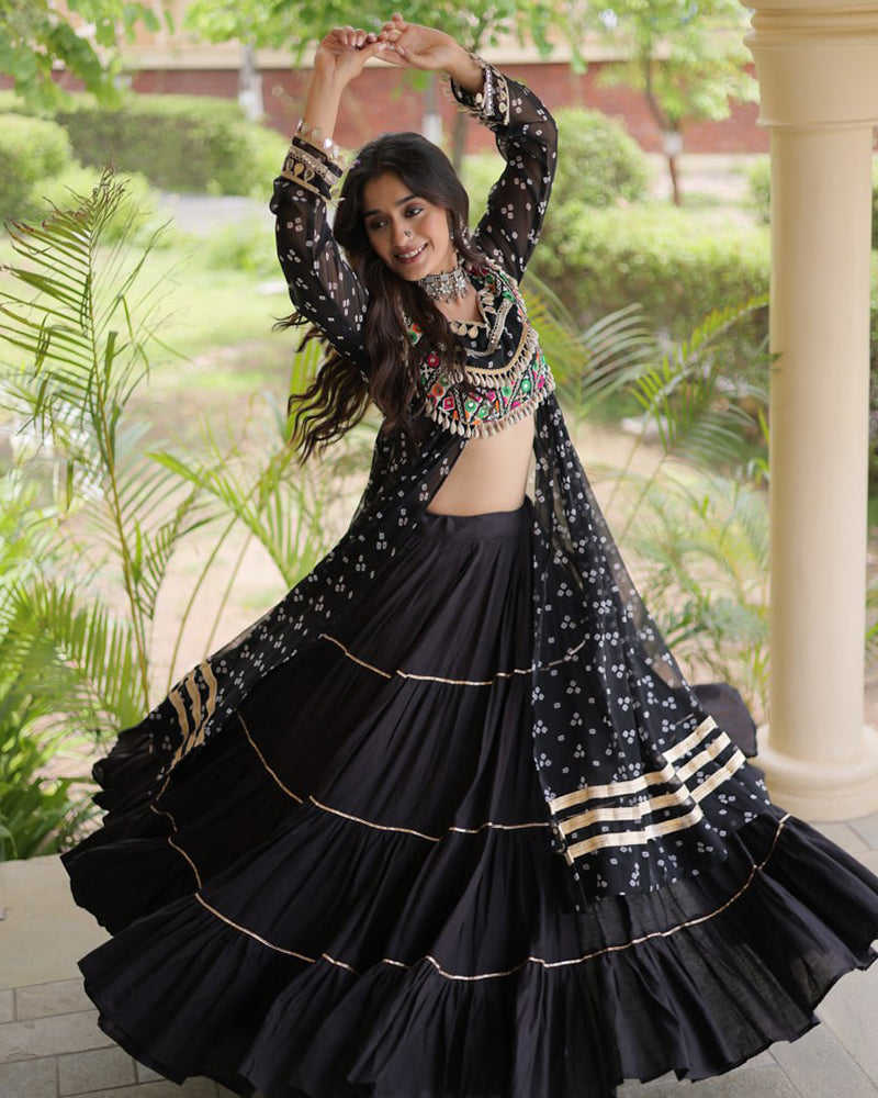 Black Color Bandhani Printed Kurti With Kora Cotton Lehenga Choli