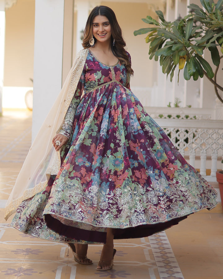 Wedding Wear Floral Embroidered Wine Color Alia Cut Gown With Dupatta