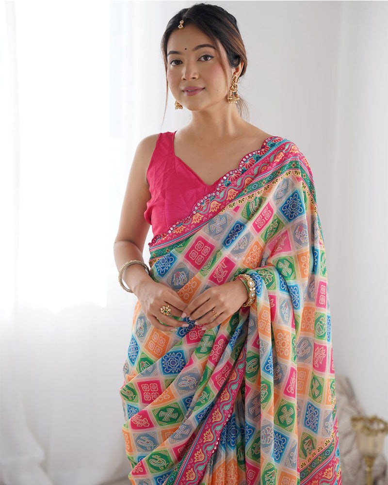 Multi Pink Color Chinnon Silk Saree
