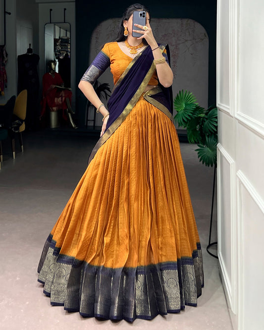 Mustard Color Dola Chex Zari Weaving Half Saree