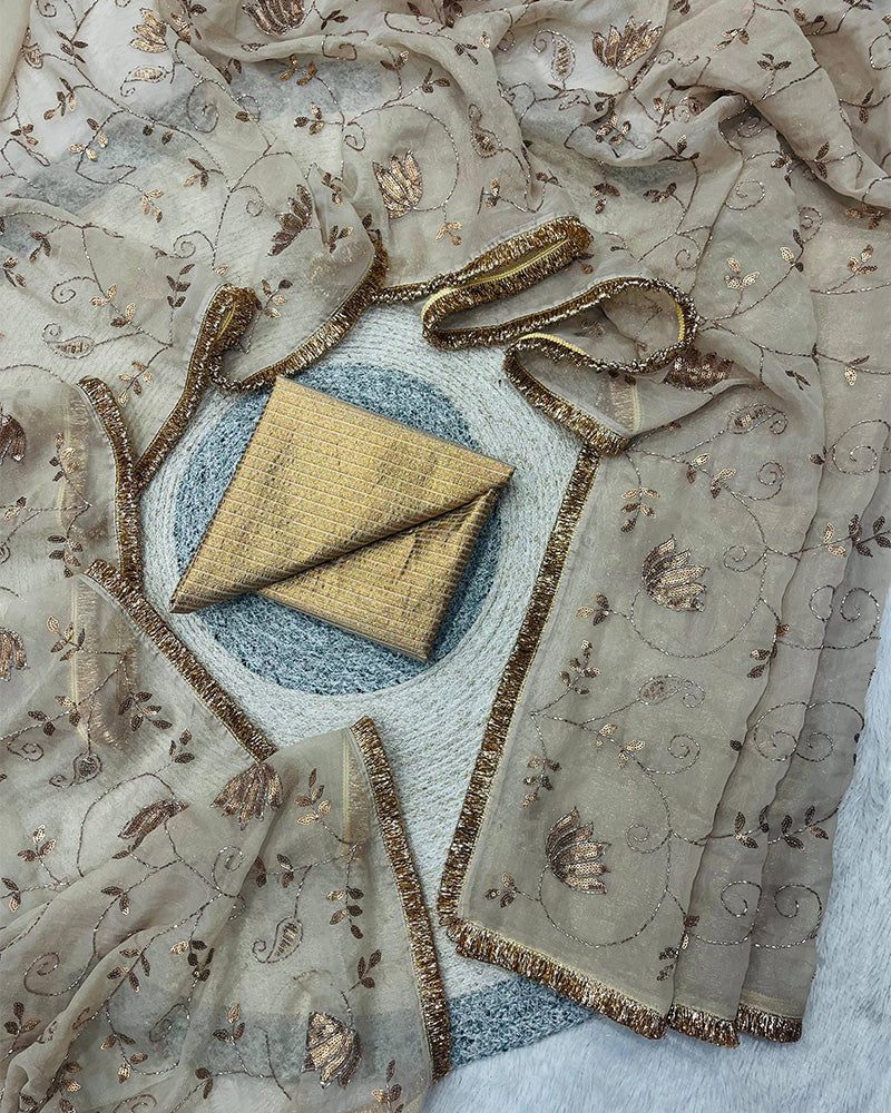 Cream Color Rose Gold Silk Beads Embroidered Saree