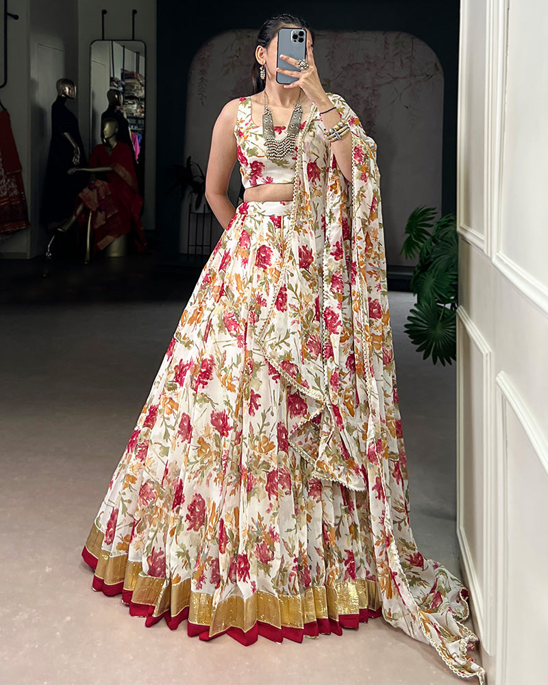 White Color Chiffon Printed Lehenga Choli