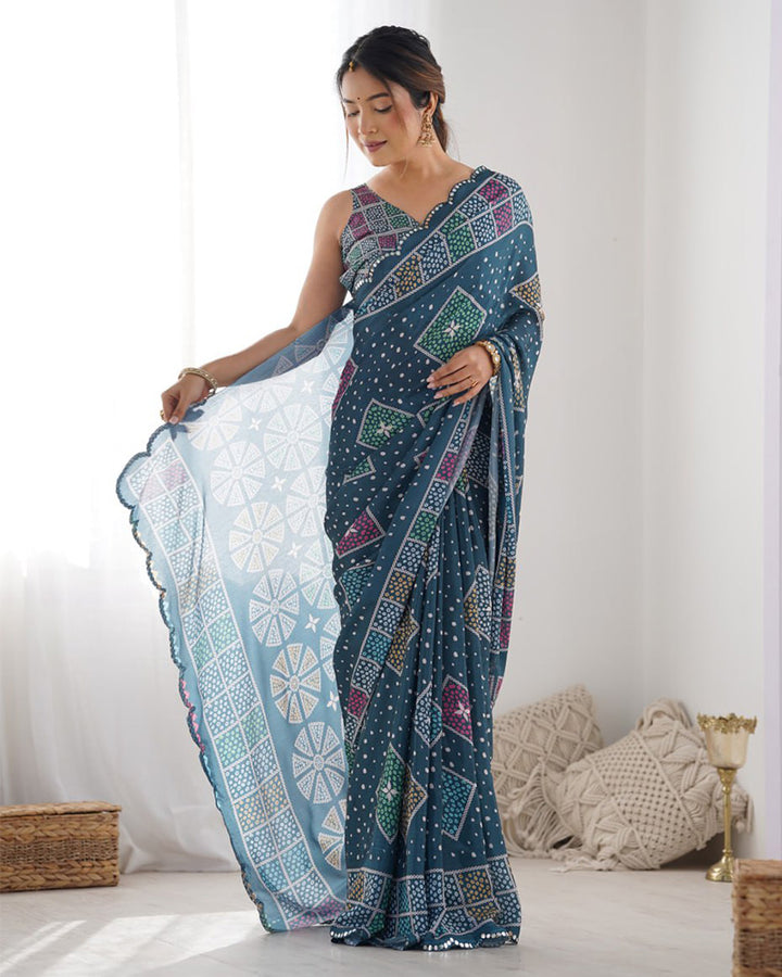 Navy Blue Color Chinnon Silk Saree