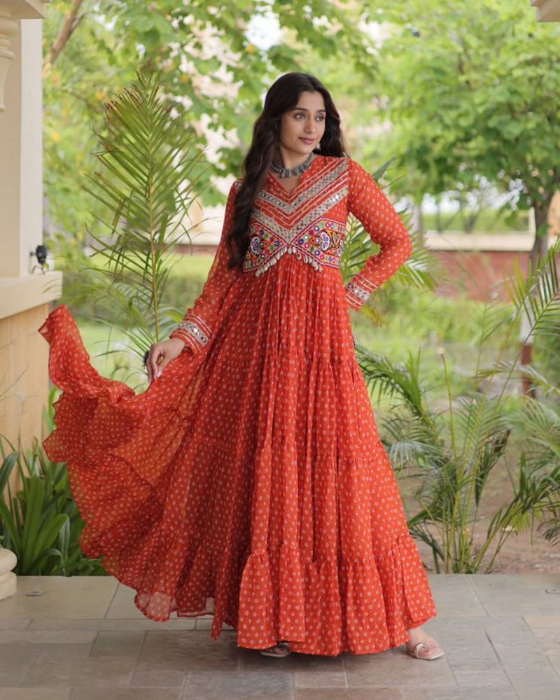 Four Color Georgette Bandhani Printed Navratri Gown