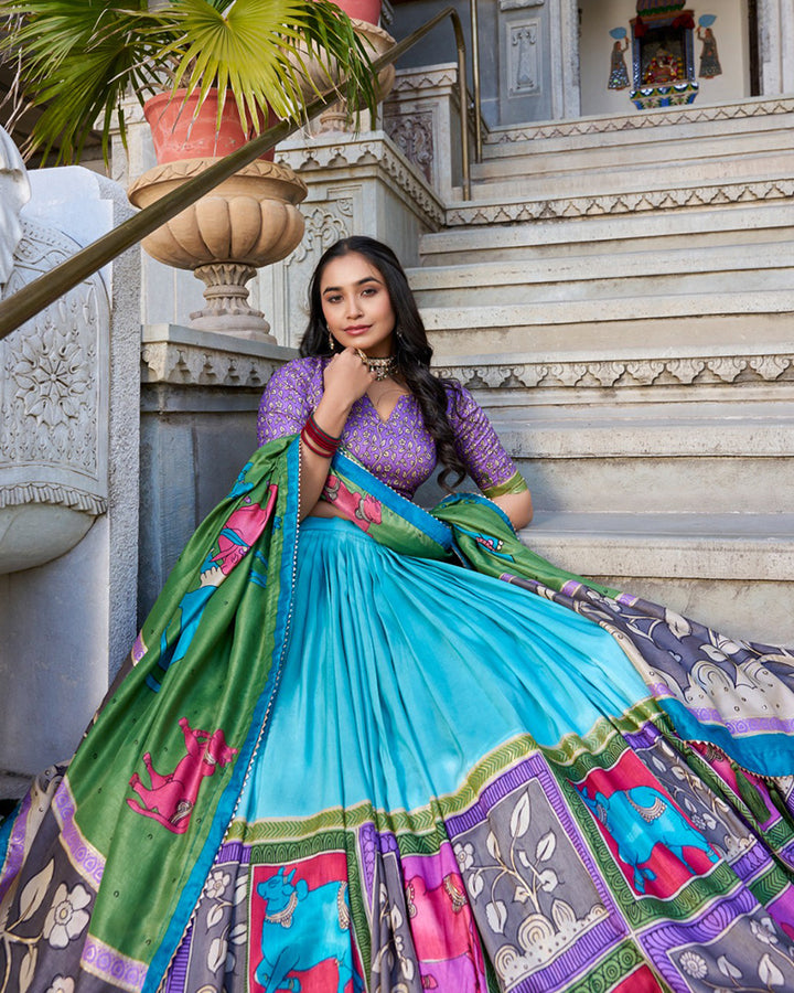 Sea Green Color Tussar Silk Kalamkari Printed Lehenga Choli