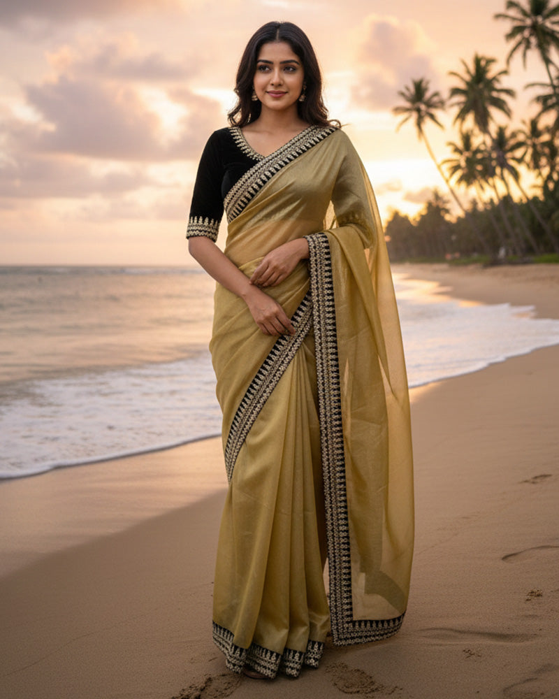 Black Color Soft Twil Net Embroidered Saree