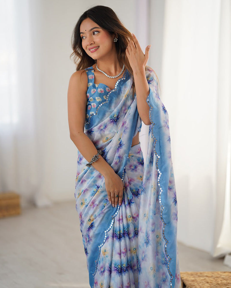 Sky White Color Chinnon Silk Digital Printed Saree