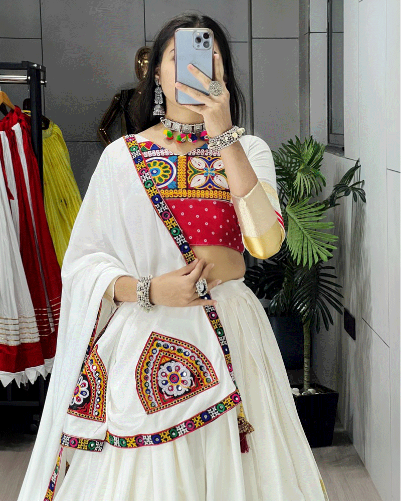 White Multi Color Traditional Navratri Lehenga Choli Set