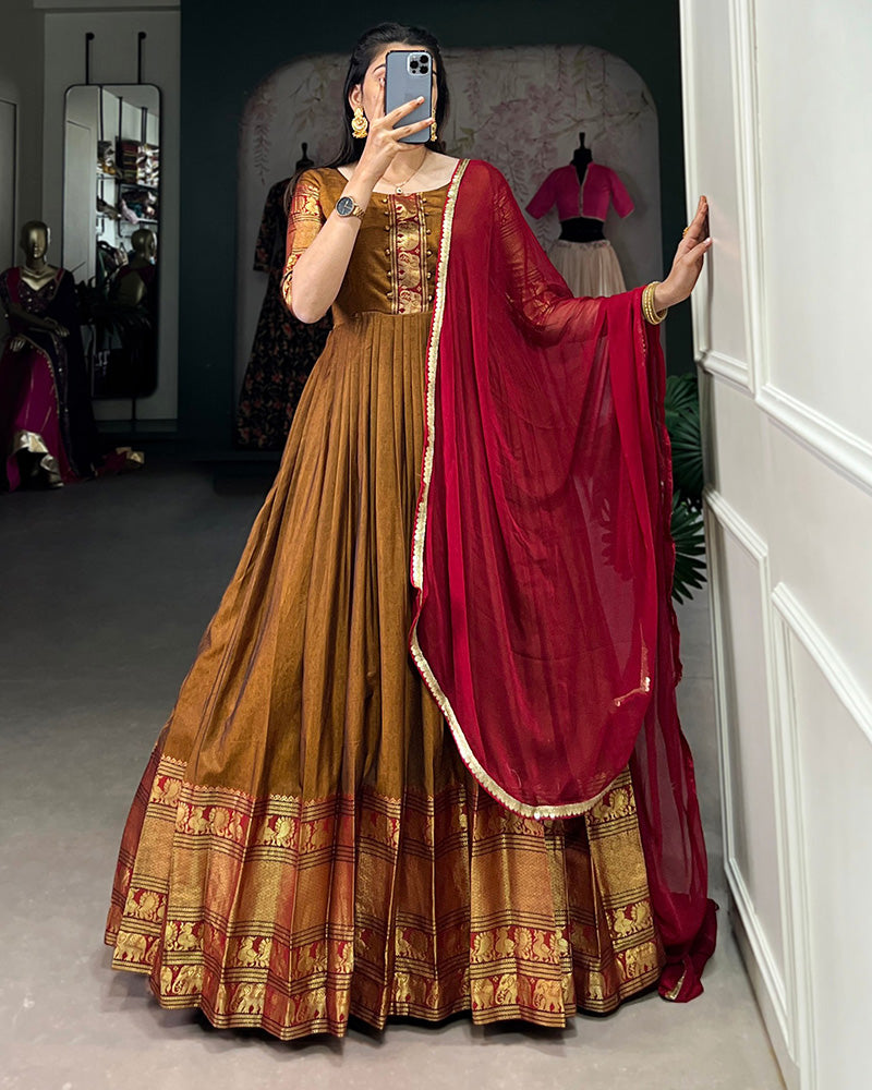 Golden Color Narayan Pet Cotton Zari Weaving Gown
