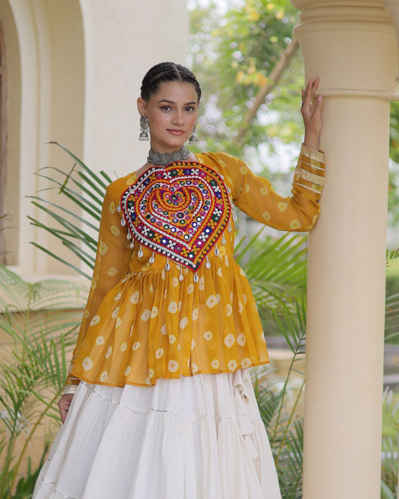 Yellow Color Bandhani Printed With Kora Cotton Navratri Lehenga Set