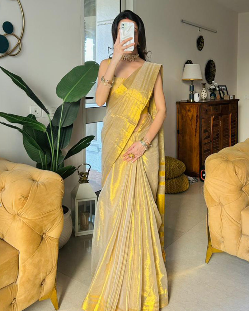 Cream Color Pure Mal Cotton Kanchipuram Saree