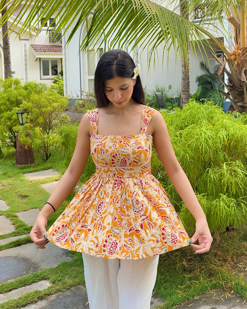 Yellow Color Pure Cotton Floral Printed Tunic
