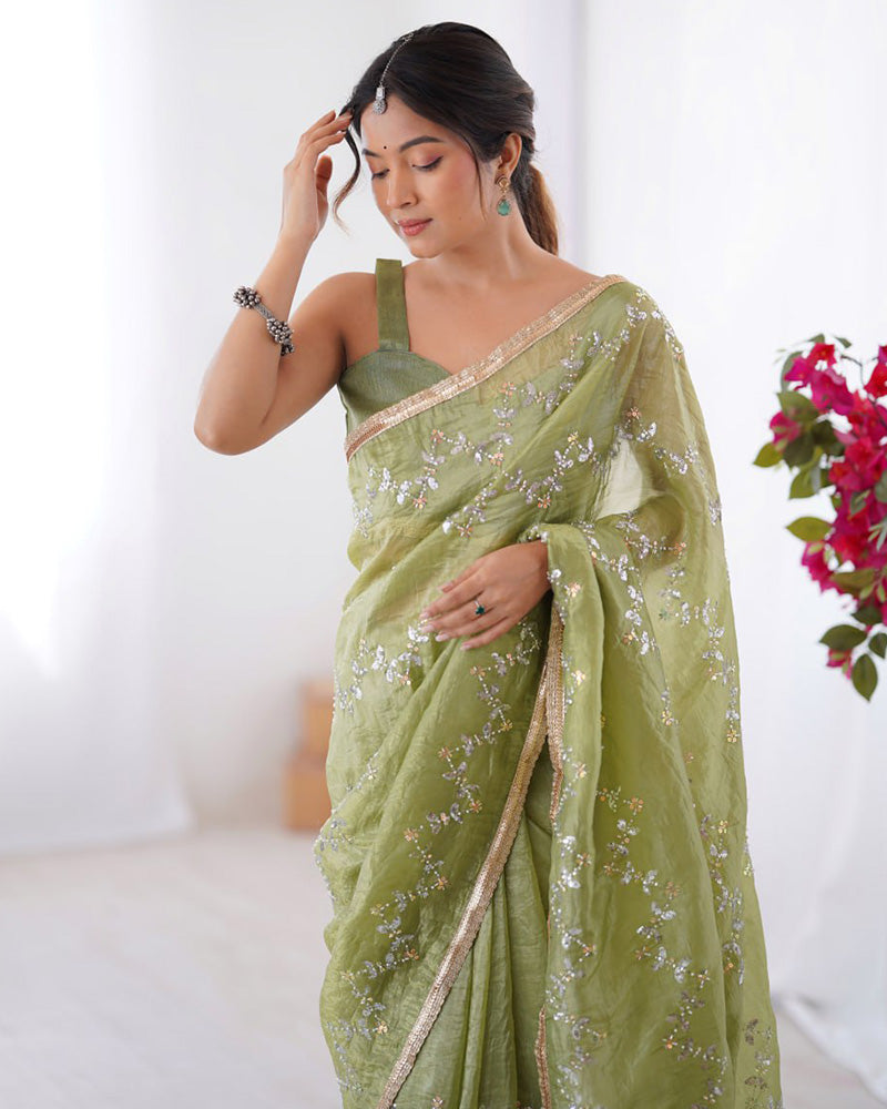 Pista Color Smooth Gold Crush Embroidered Saree