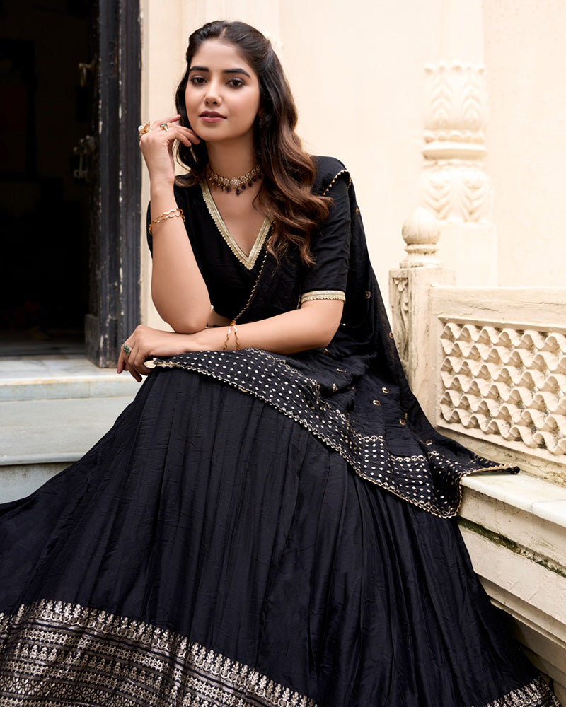 Black Color Pure Chanderi Plain Navratri Half Saree