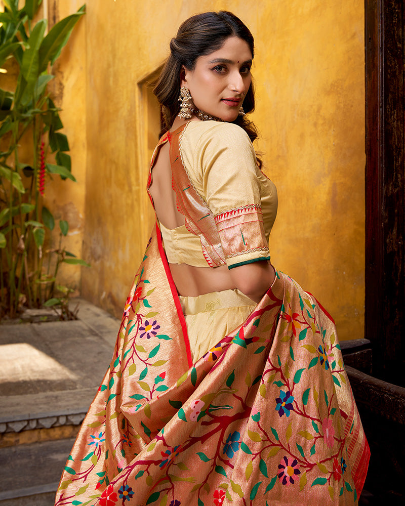 Cream Color Paithani Silk Zari Weaving Lehenga Choli